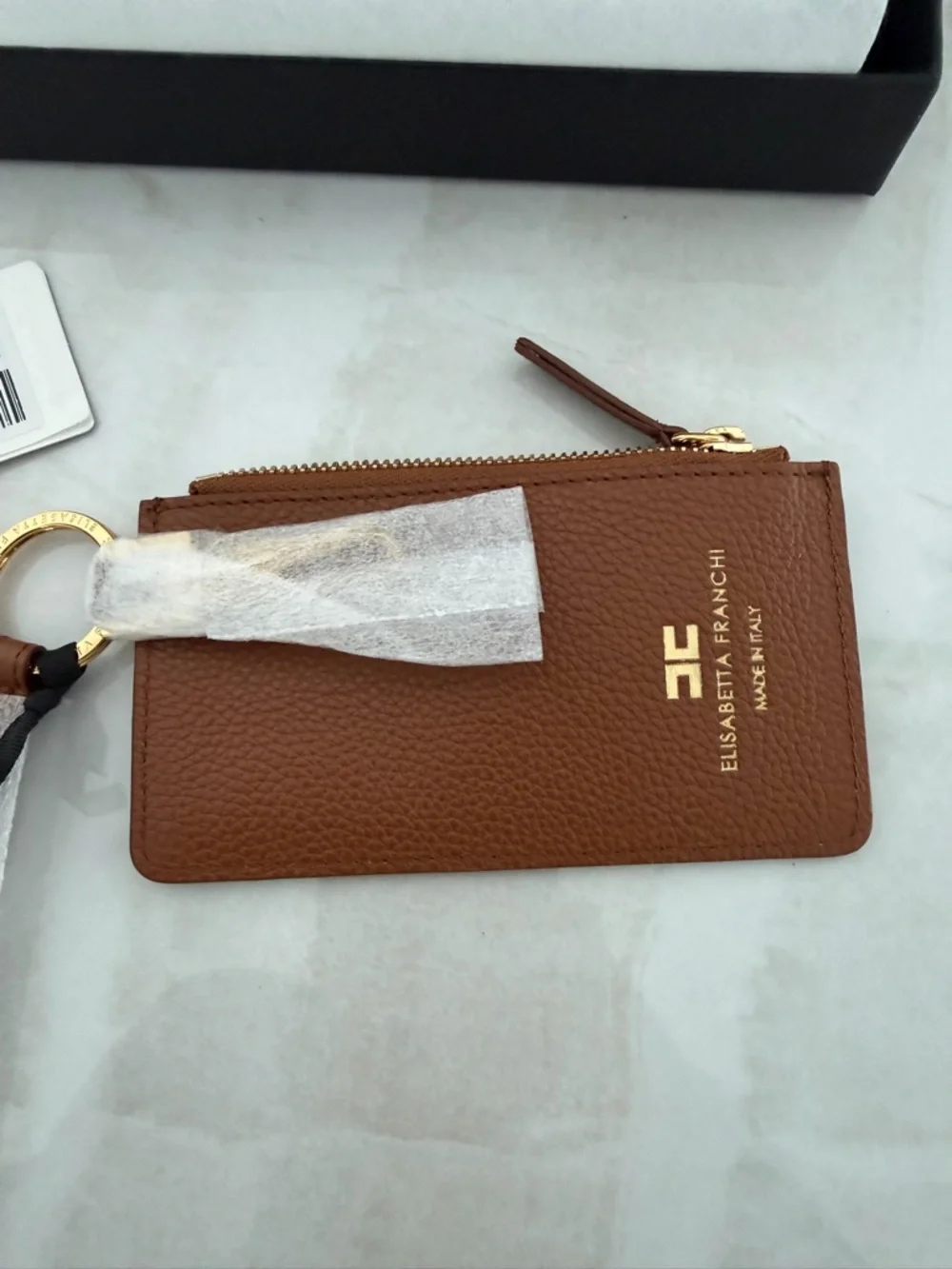 Elisabetta Franchi Cognac Leather Keychain with Zipper Case NWT In Gift Box